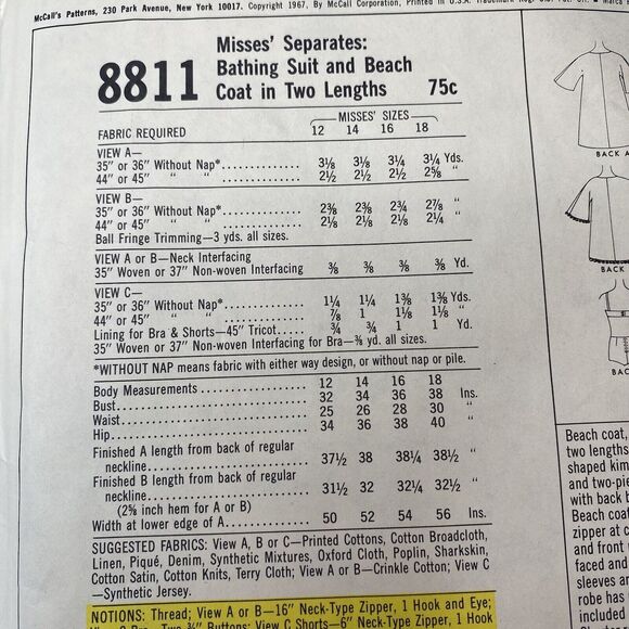 McCalls 8811 Size 12 Bust 32 Bikini Suit, Mod Dress, Tunic Dress, Caftan Dress - Picture 3 of 5